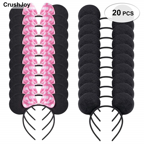 Picoway 20 pcs Mouse Ears Solid Black and Pink Bow Headband for Boys and Girls (Pink and Black)